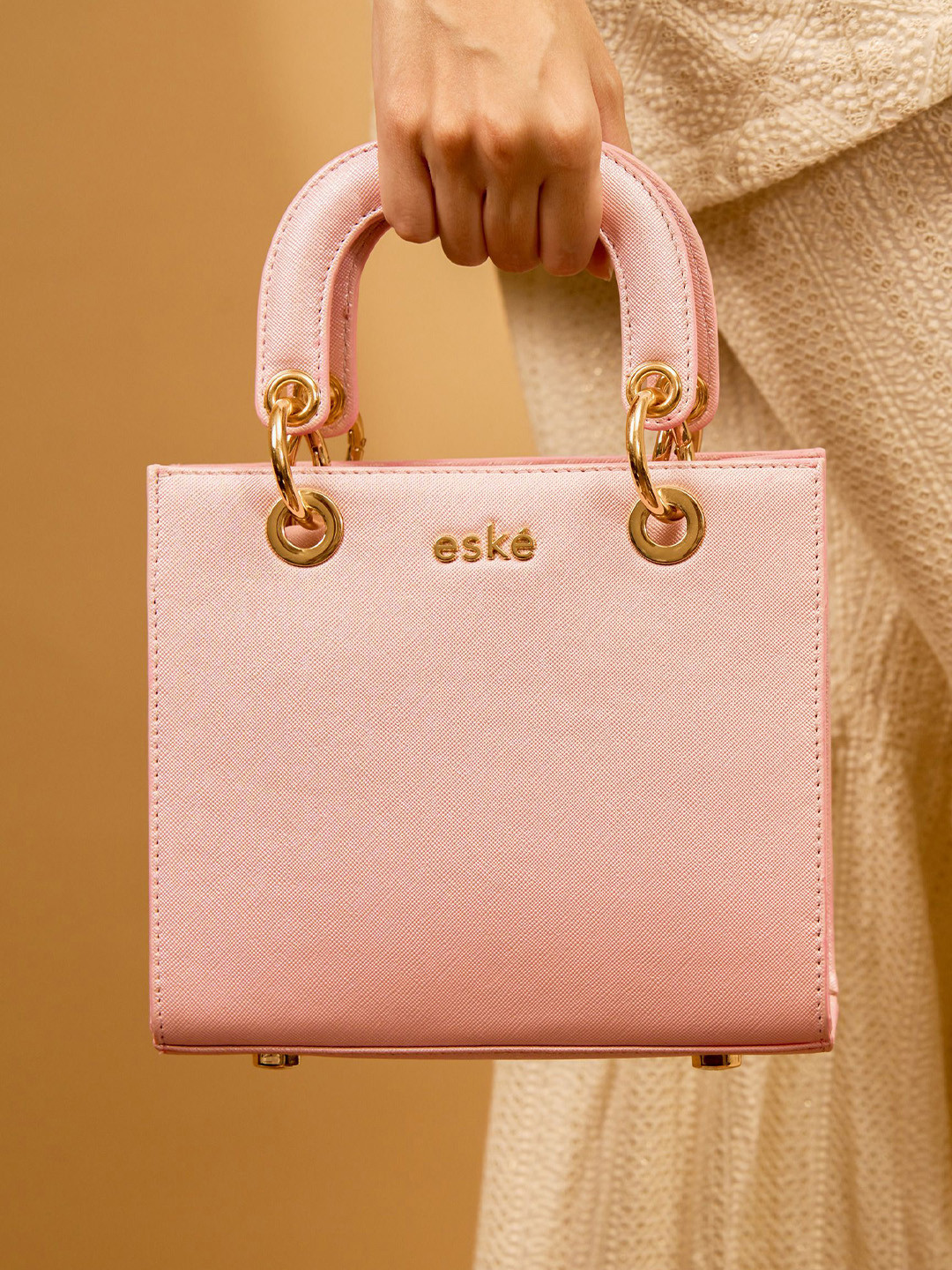 eske Women Pink Solid Gold Hardware Turn Lock Adjustable Strap Leather Handheld Handbag