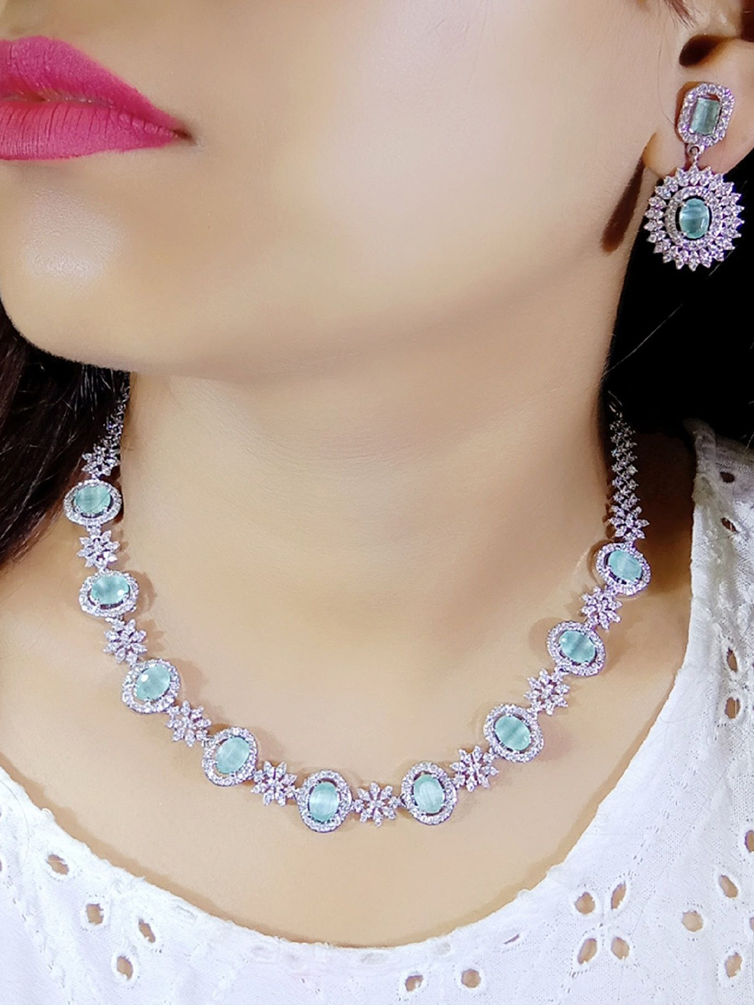 Ladymania Silver-Plated AD Stone-Studded & Beaded Jewellery Set