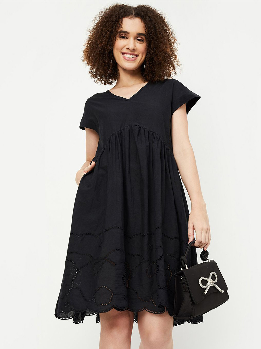 max Women V-Neck Cap Sleeves Knee Length Empire Dress