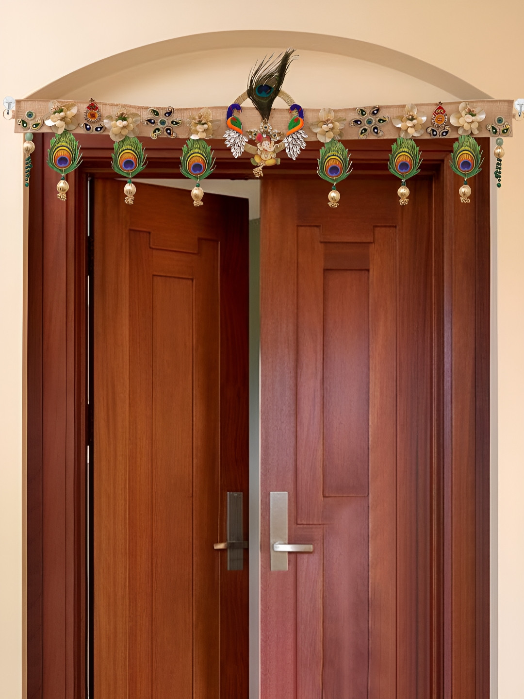 Shubhanjali Brown & Green Peacock Feather Ganesh Toran