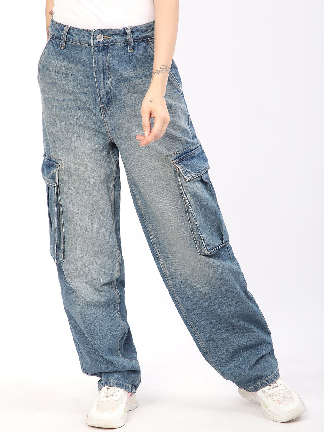 R&B Women High-Rise Heavy Fade Mom Fit Cargo Styles Jeans