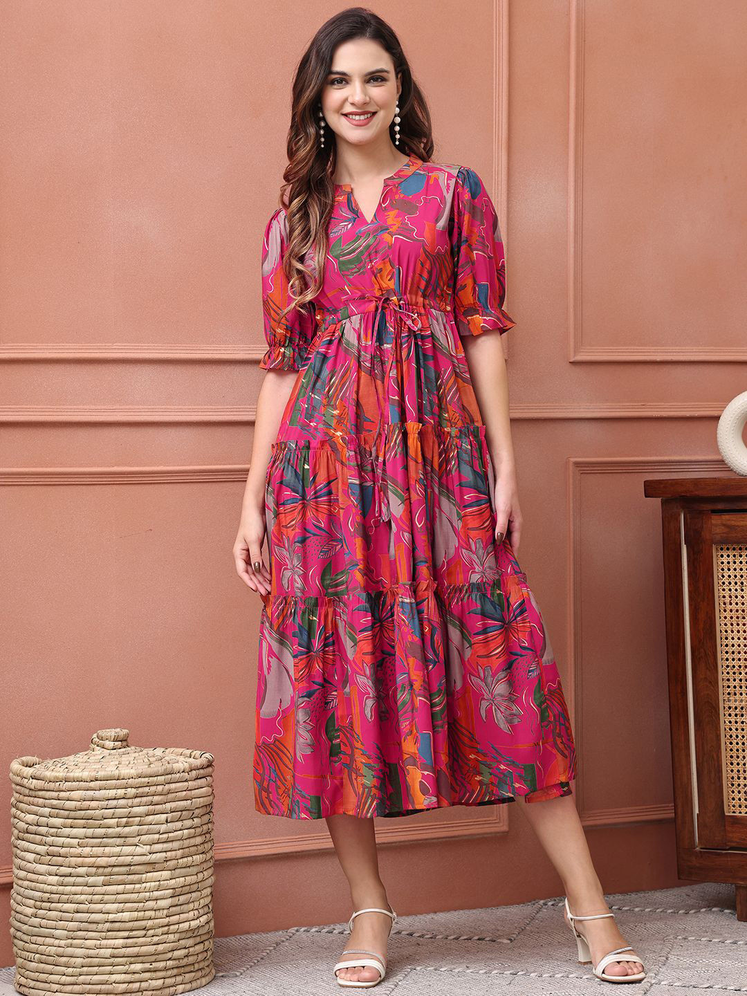 Claura Women Floral Printed Silk Puff Sleeve Fit & Flare Midi Dress