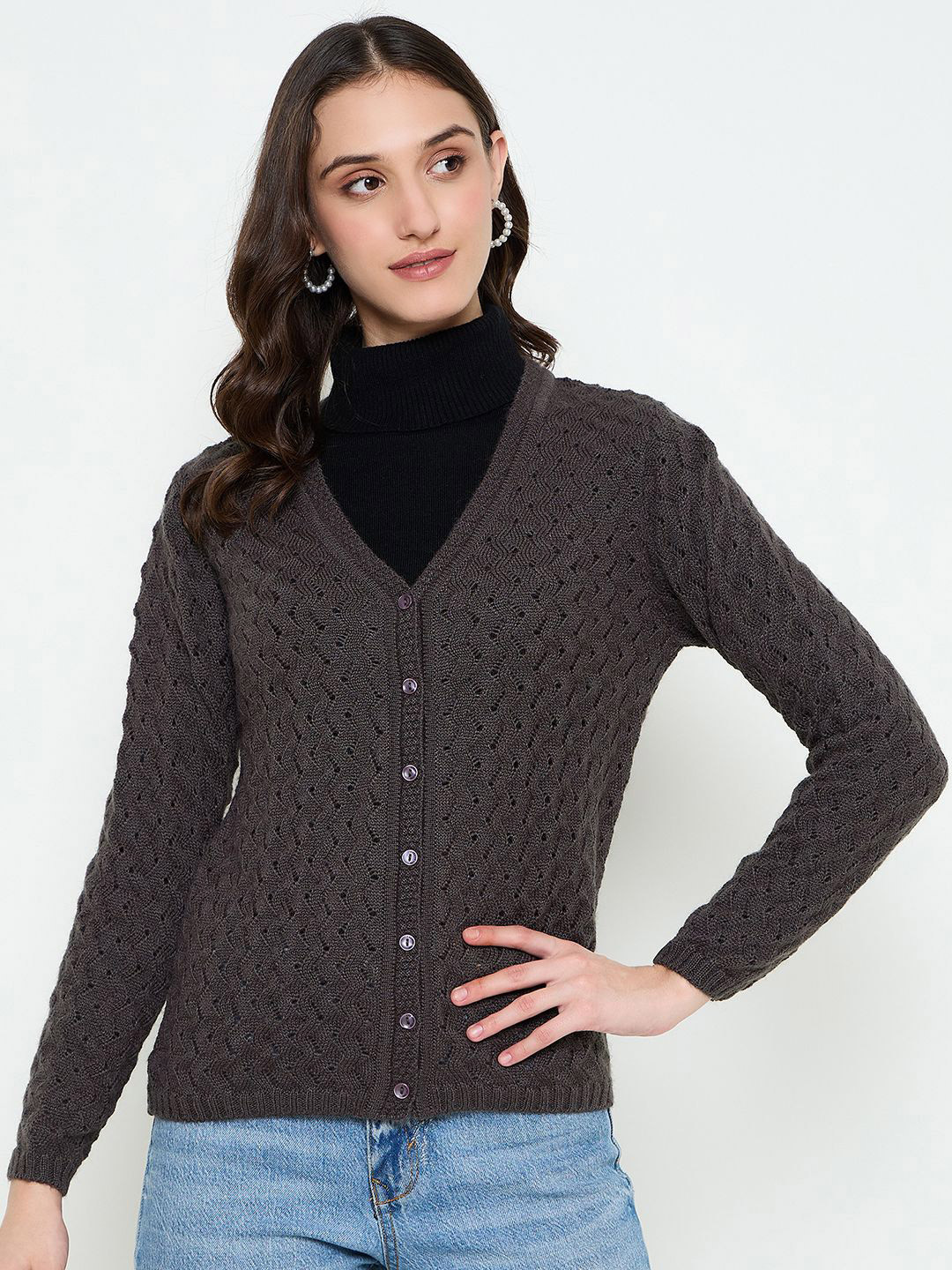 CREATIVE LINE Women Open Knit Woollen Winter Cardigan
