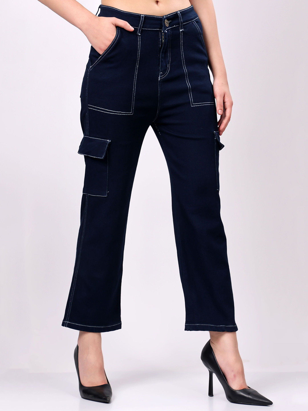 EDITLOOK Women Comfort Boyfriend Fit Stretchable Mid Rise Cargo Jeans