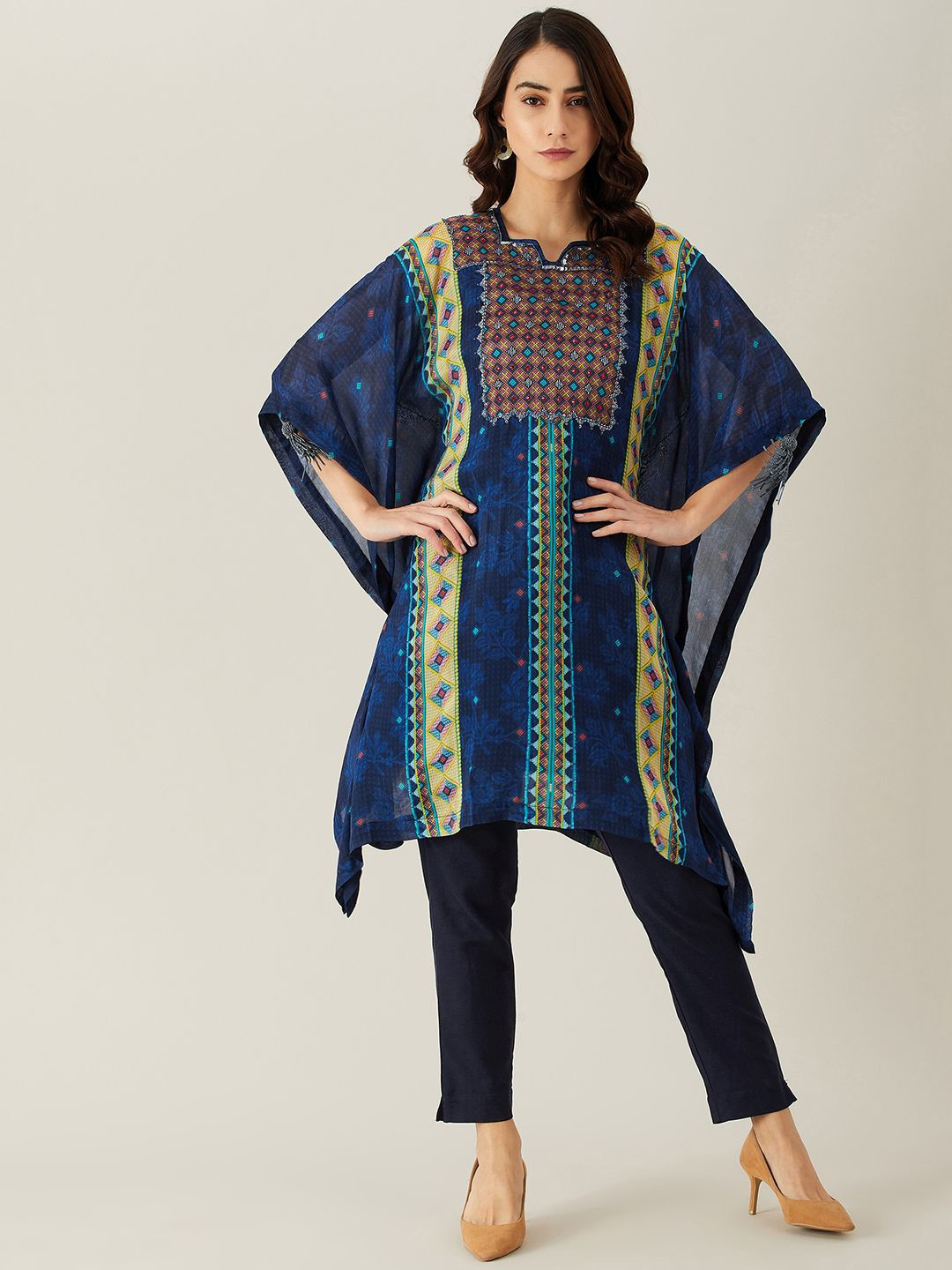 The Kaftan Company Geometric Woven Design Square Neck Sequinned Kaftan Kurta