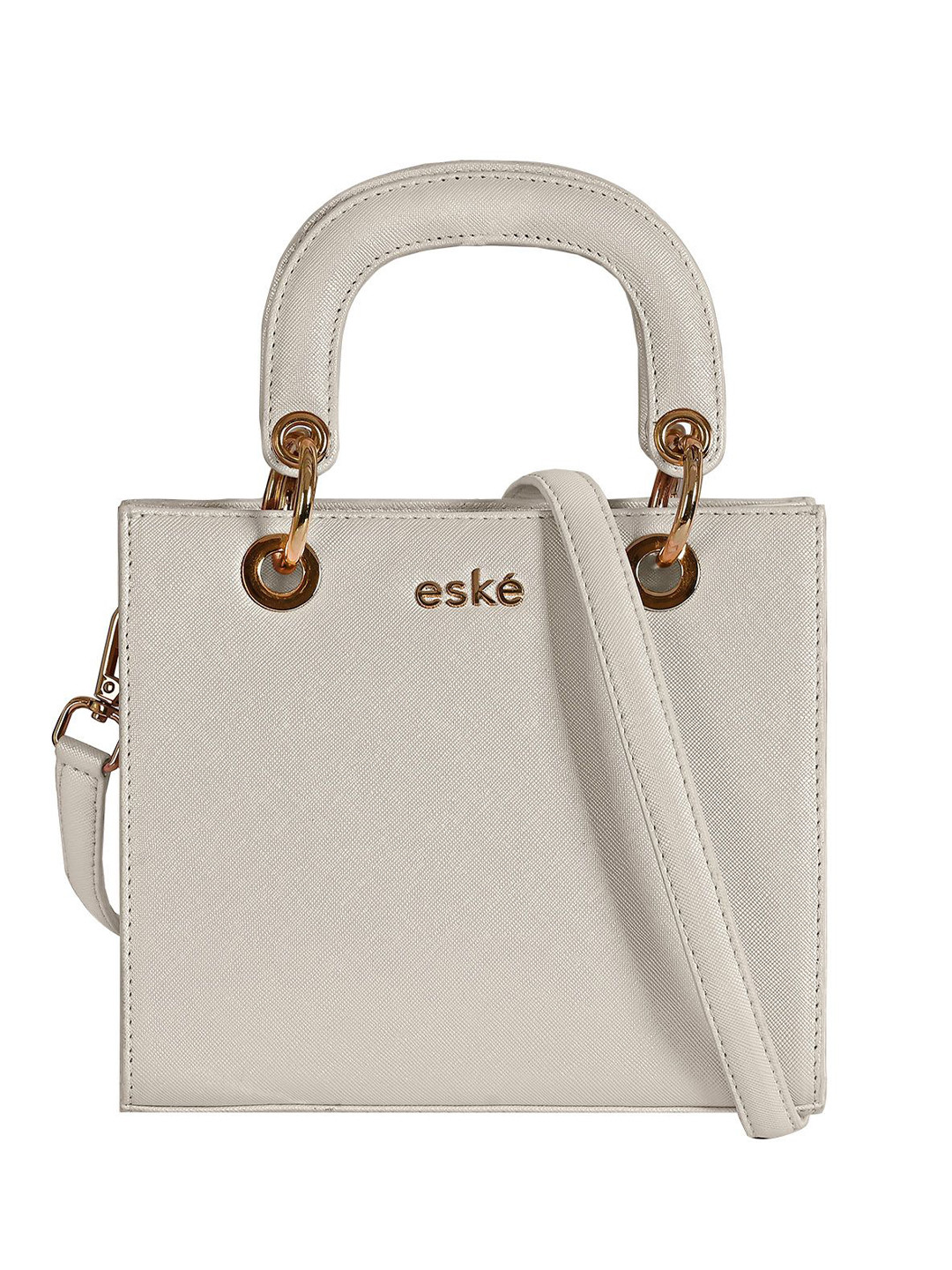 eske Women White Solid Gold Hardware Turn Lock Adjustable Strap Leather Handheld Handbag