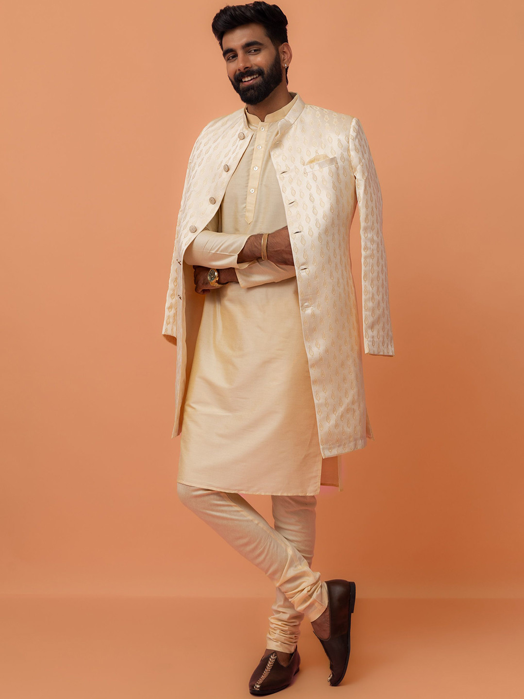 KISAH Embroidered Cream Self Design Mandarin Collar Indowestern Sherwani Churidar Set