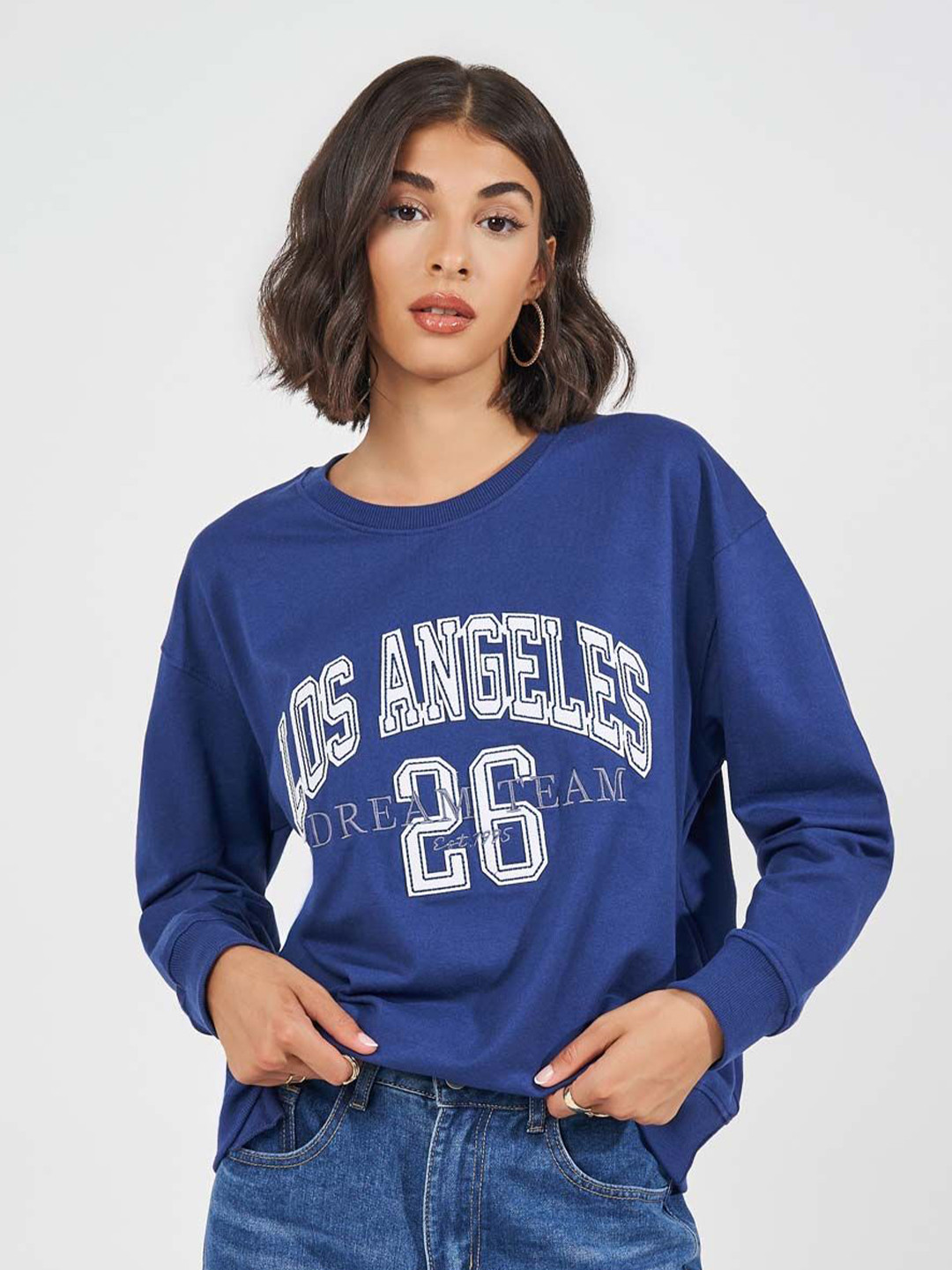 Styli Women Regular Fit Slogan Embroidered Patch Longline Casual Pullover Sweatshirt