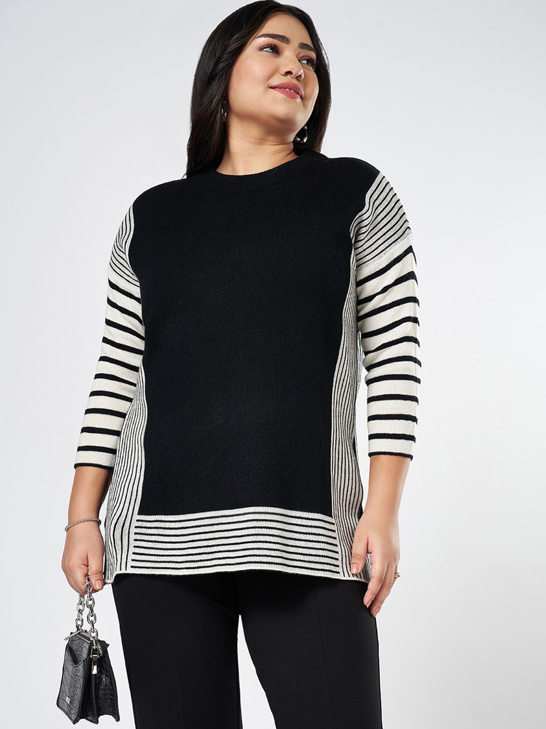 Honey Curvytude by Pantaloons Women Plus Size Striped Round Neck Casual Pullover Sweater