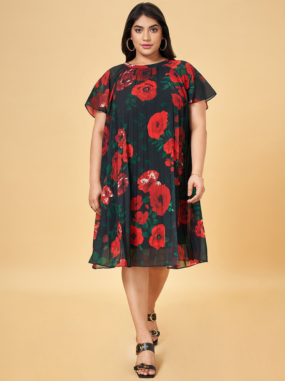 Honey Curvytude by Pantaloons Women Plus Size Floral Print Cape Sleeve A-Line Dress