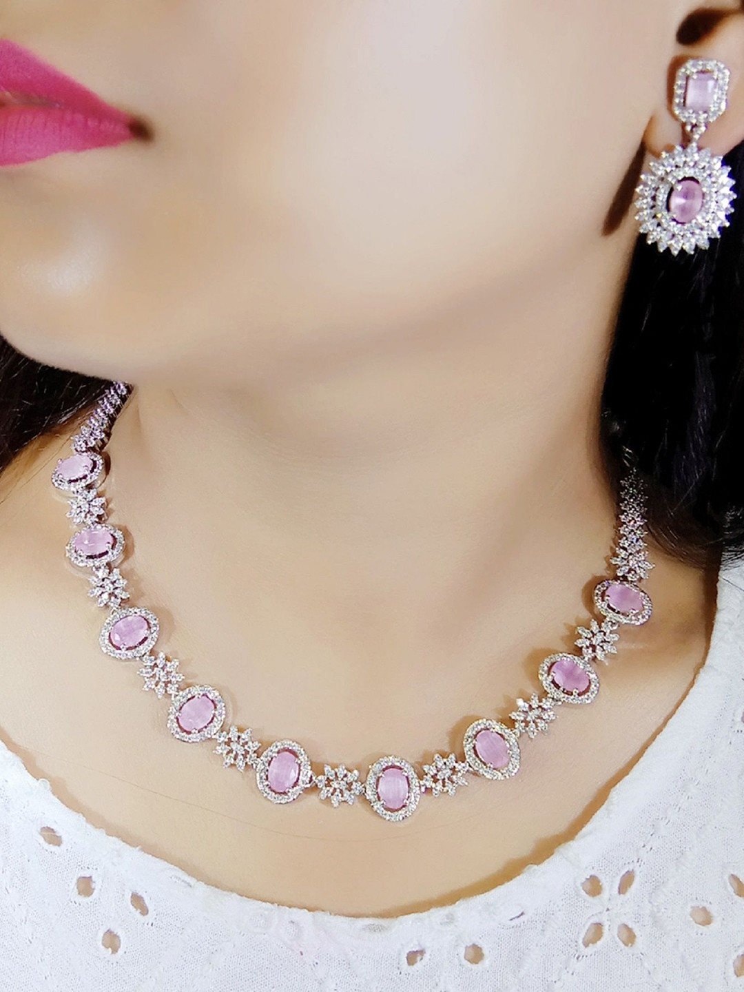 Ladymania Silver-Plated American Diamond Stone Studded Jewellery Set