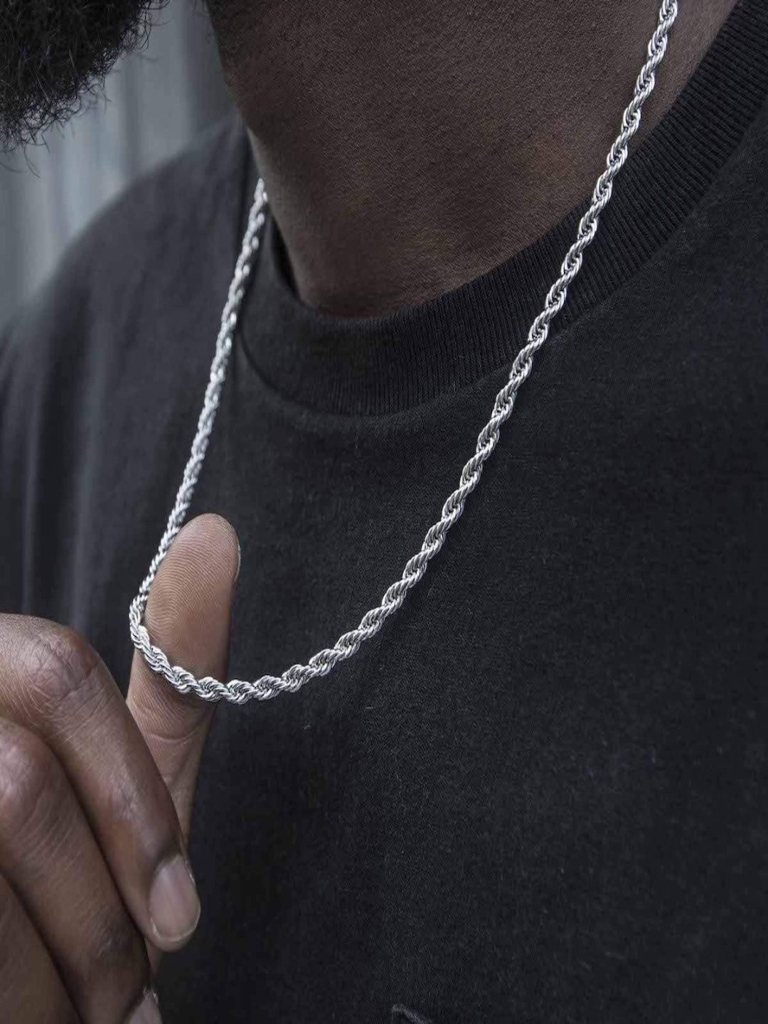 AQUASTREET Men 18K Rhodium Plated 3mm Antitarnish Waterproof Twisted Rope Chain Necklace