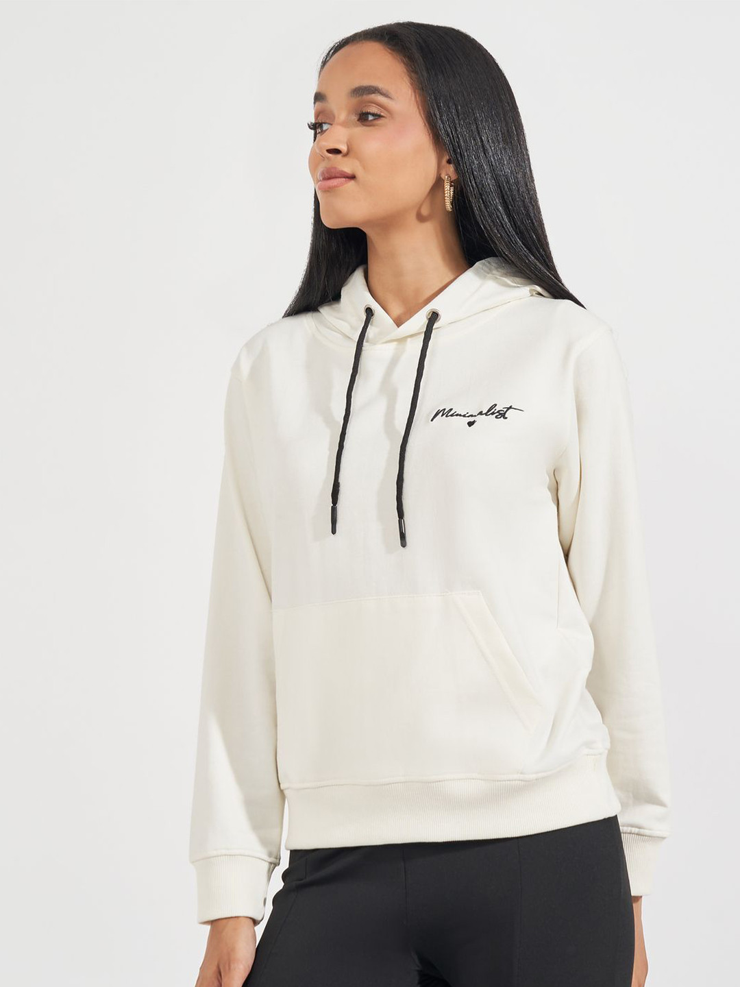 Styli Women Regular Fit Regular Length Embroidered Placement Text Hoodie