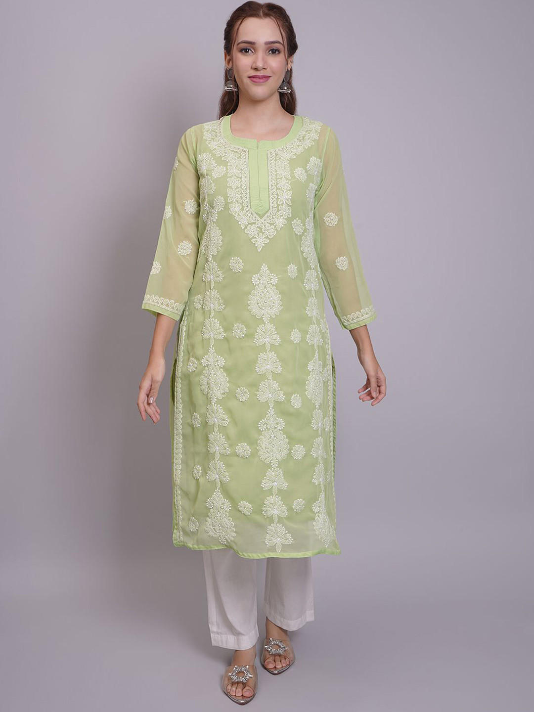 Seva Chikan Ethnic Motifs Embroidered Round Neck Three Quarter Sleeves Straight Kurta