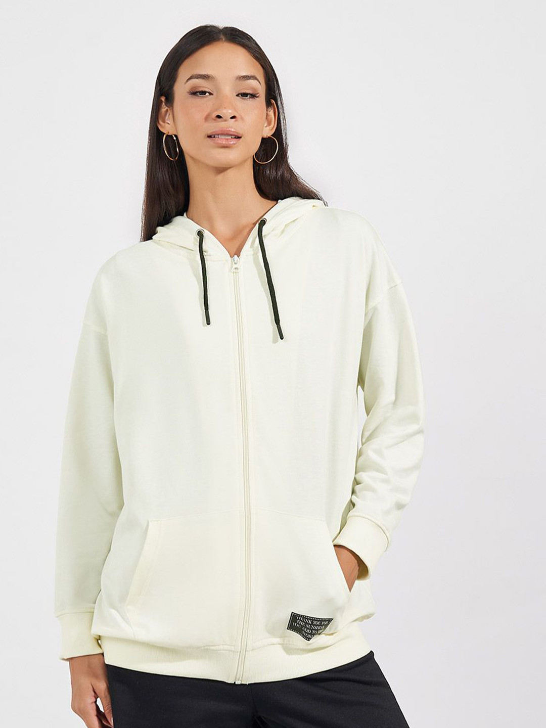 Styli Women Oversized Zip Through Hoodie with Badge Detail