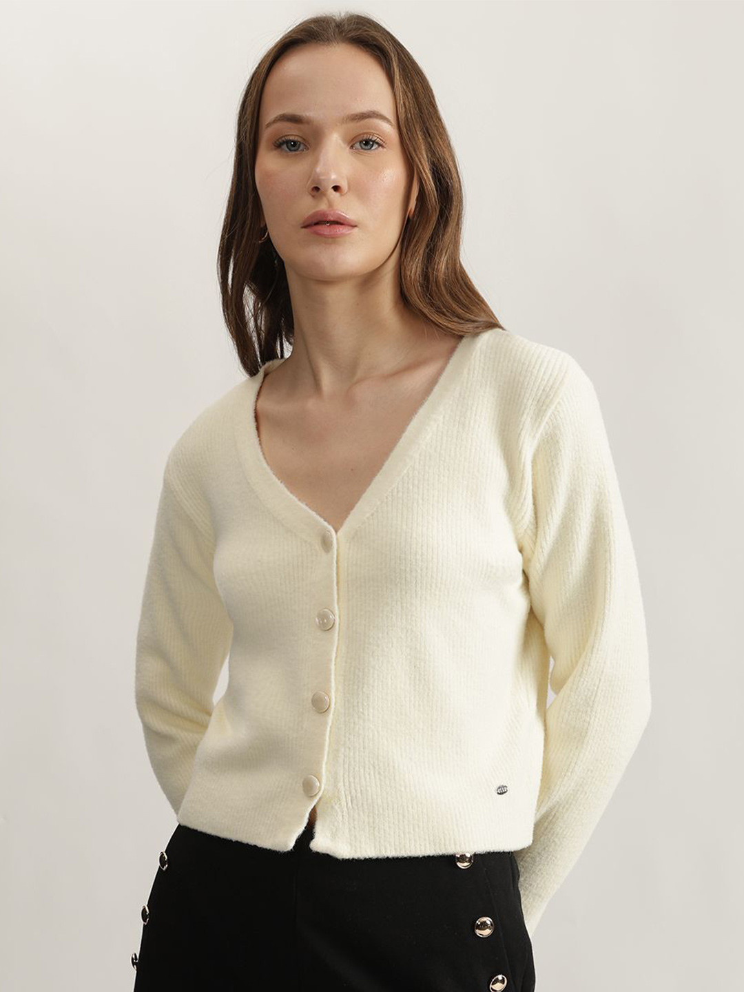 ELLE Women Solid V-Neck Cardigan