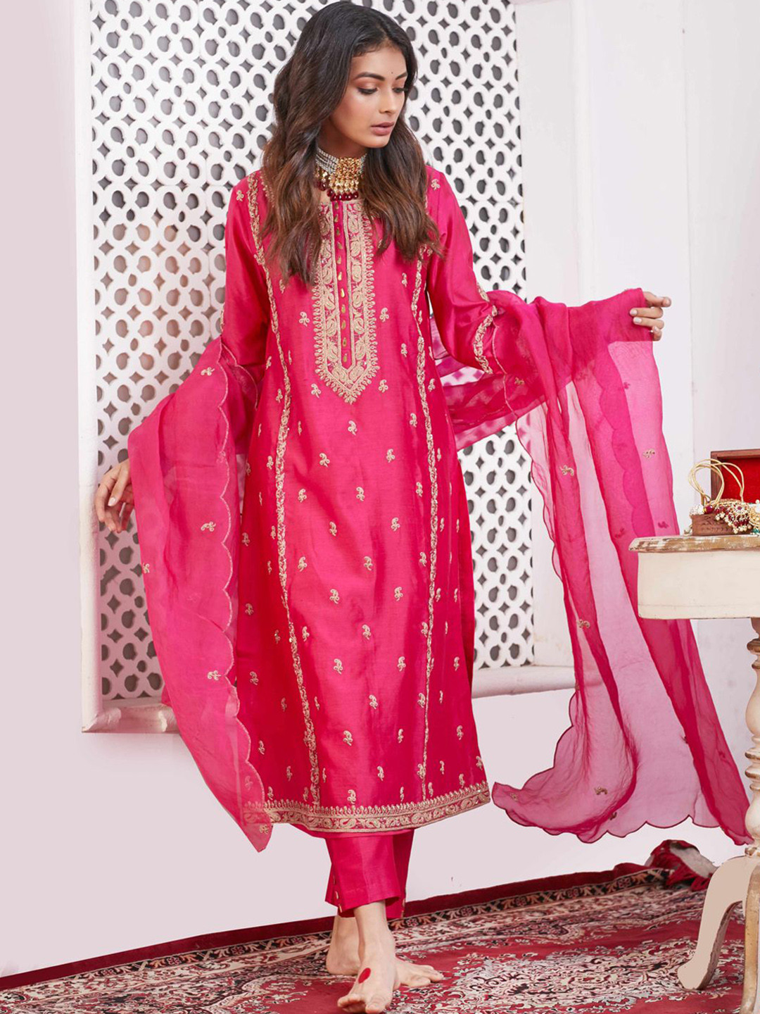 PINK CITY BY SARIKA Floral Embroidered Thread Work Organza Kurta With Trousers & Dupatta