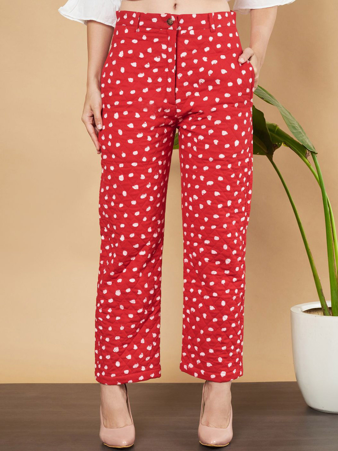 KALINI Women Polka Dot Printed Relaxed Mid-Rise Coated Winter Wear Trouser