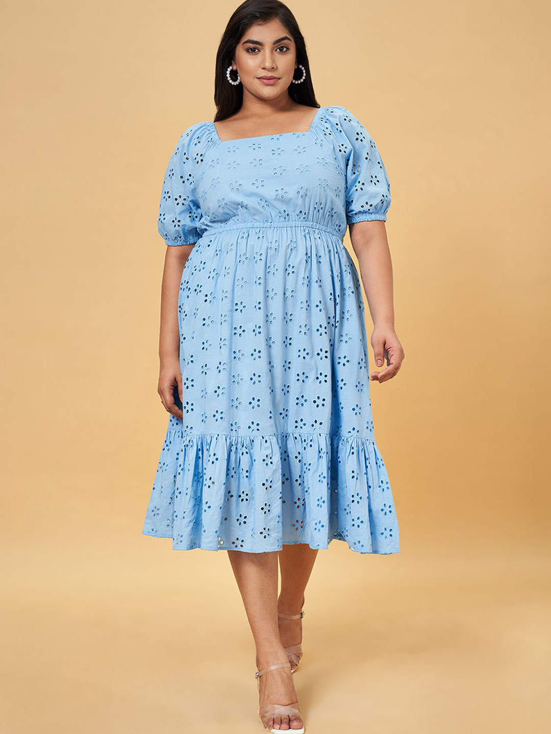 Honey Curvytude by Pantaloons Women Self Design Cotton Empire Plus Size Midi Dress