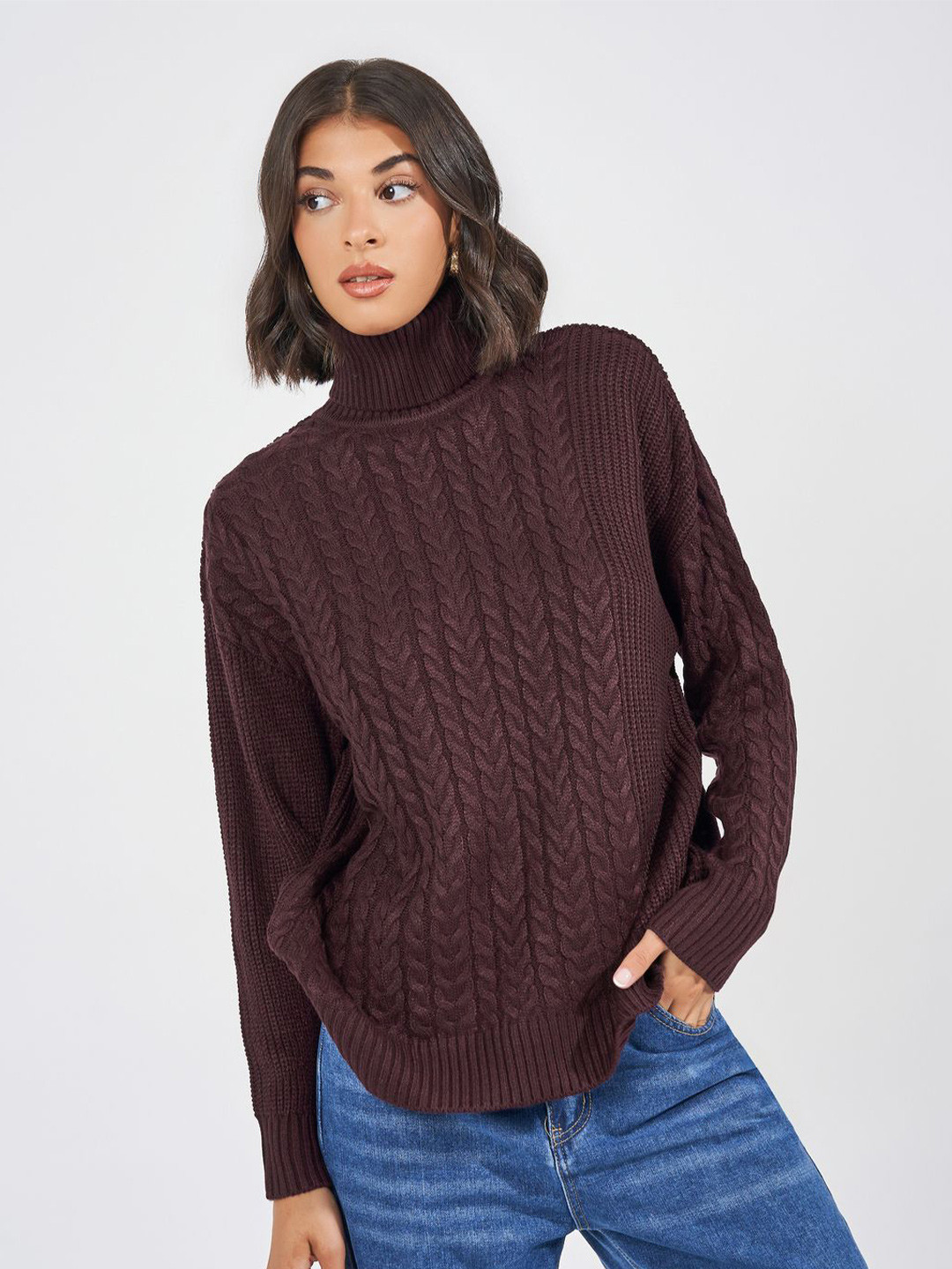 Styli Women Boxy Fit Regular Length Chunky Cable Knit Turtleneck Pullover Sweater