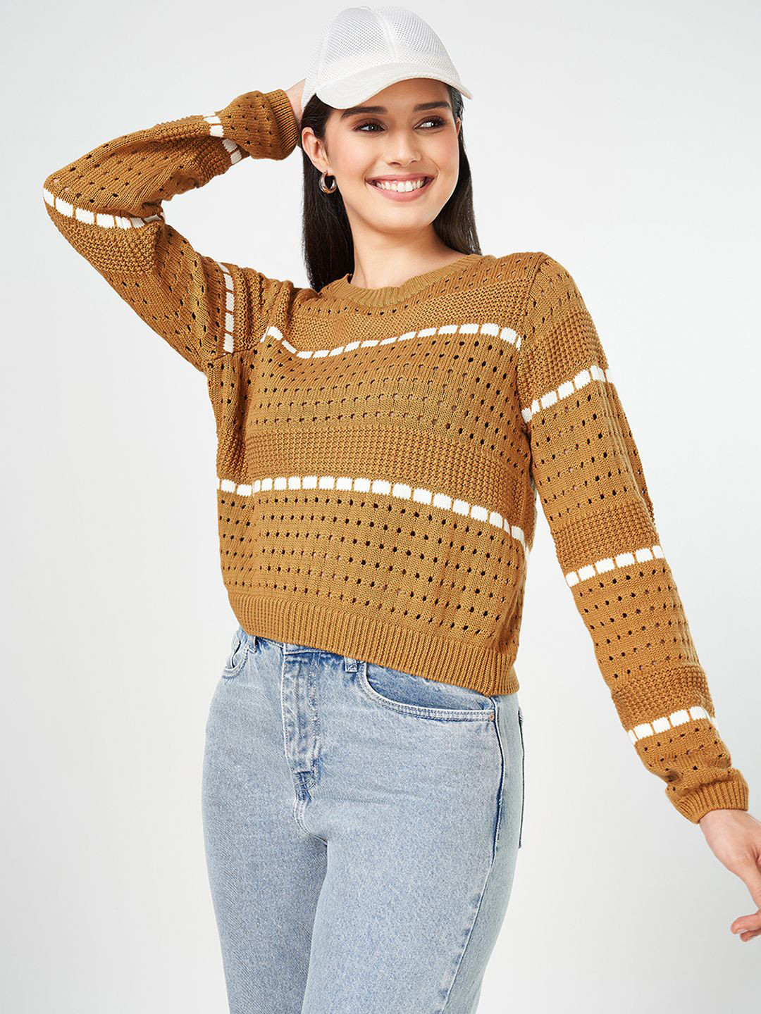 People Women Cotton Self Design Round Neck Long Sleeves Pullover