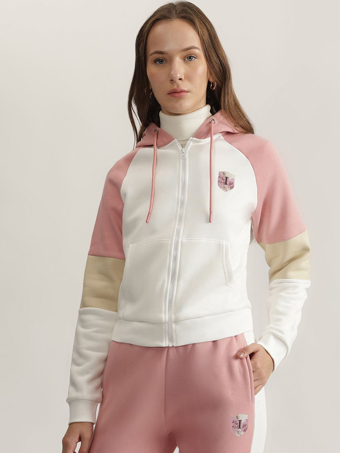 Iconic Women Colourblocked Hooded Full Sleeves Pure Cotton Sweatshirt
