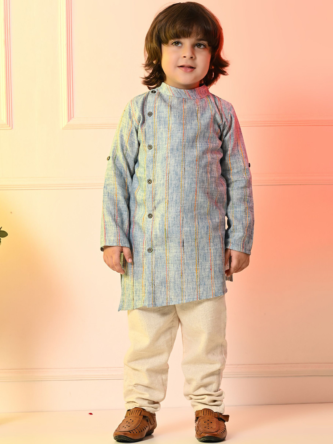 Muffin Shuffin Boys Striped Angrakha Thread Work Pure Cotton Kurta With Trousers