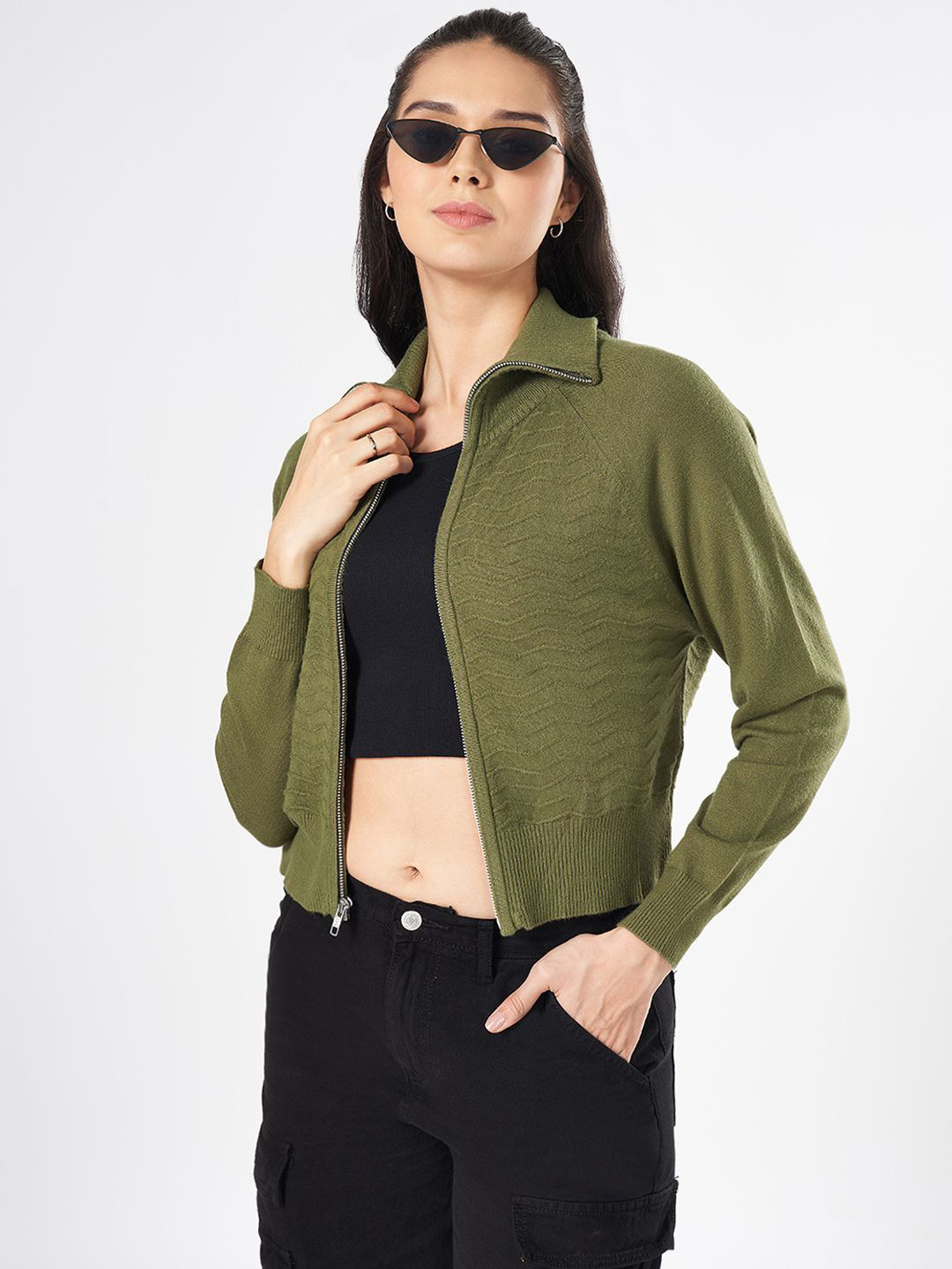 People Women Self Design Cable Knit Cardigan Sweater