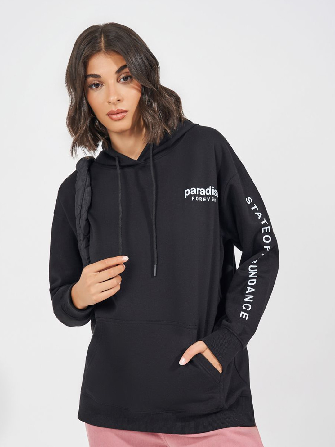 Styli Women Longline Slogan Print Regular Fit Pullover Hoodie with Kangaroo Pocket