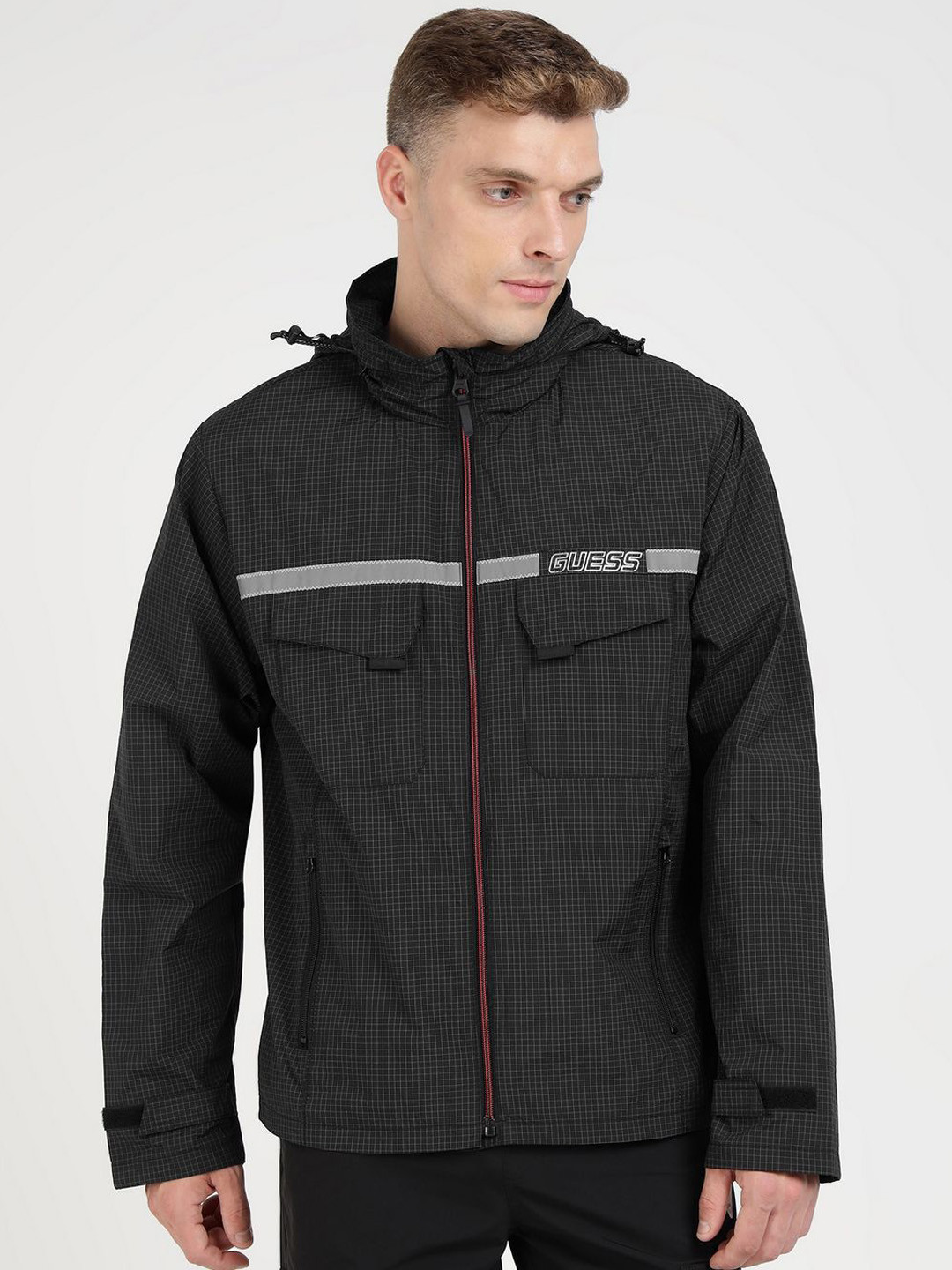 GUESS Men Hooded Checked Casual Bomber Jacket