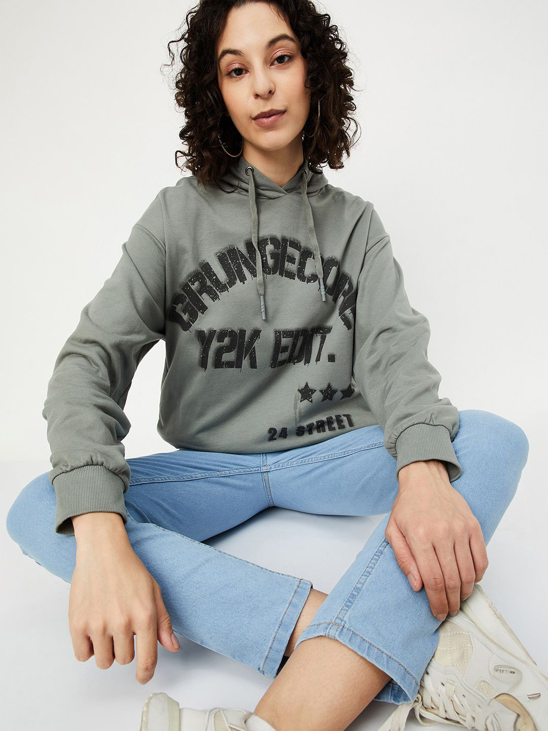 max Women Cotton Typography Printed Hooded Long Sleeves Pullover Sweatshirt