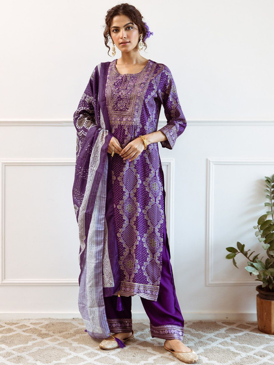 Ishin Purple Bandhani Printed Round Neck Straight Kurta With Palazzos & Dupatta