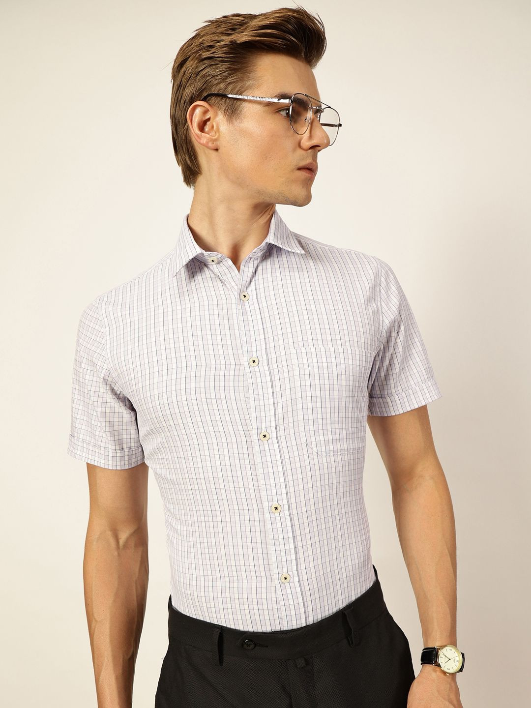 Thomas Scott Men Smart Spread Collar Micro Checked Cotton Formal Shirt