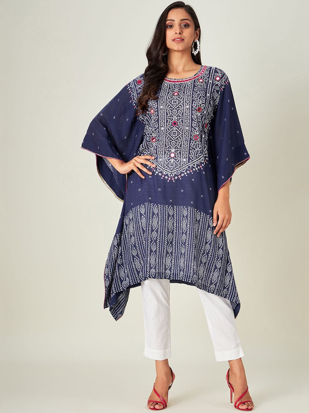 The Kaftan Company Bandhani Embellished Extended Sleeves Mirror Work Kaftan Kurta