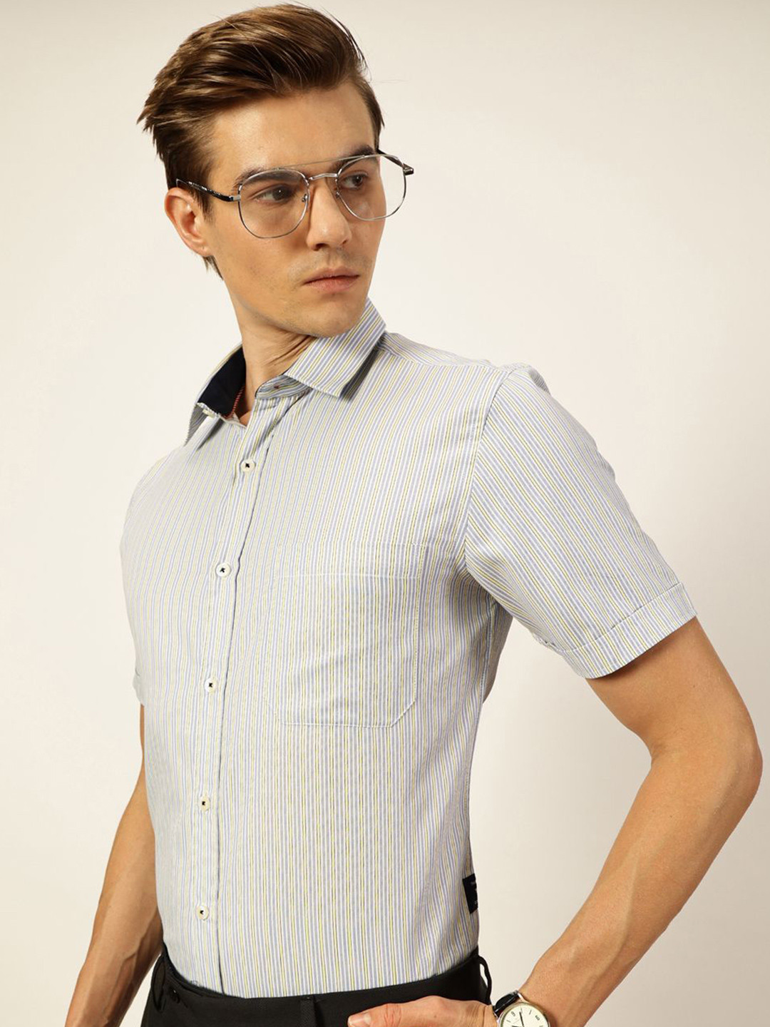 Thomas Scott Men Smart Spread Collar Pinstripes Striped Cotton Formal Shirt