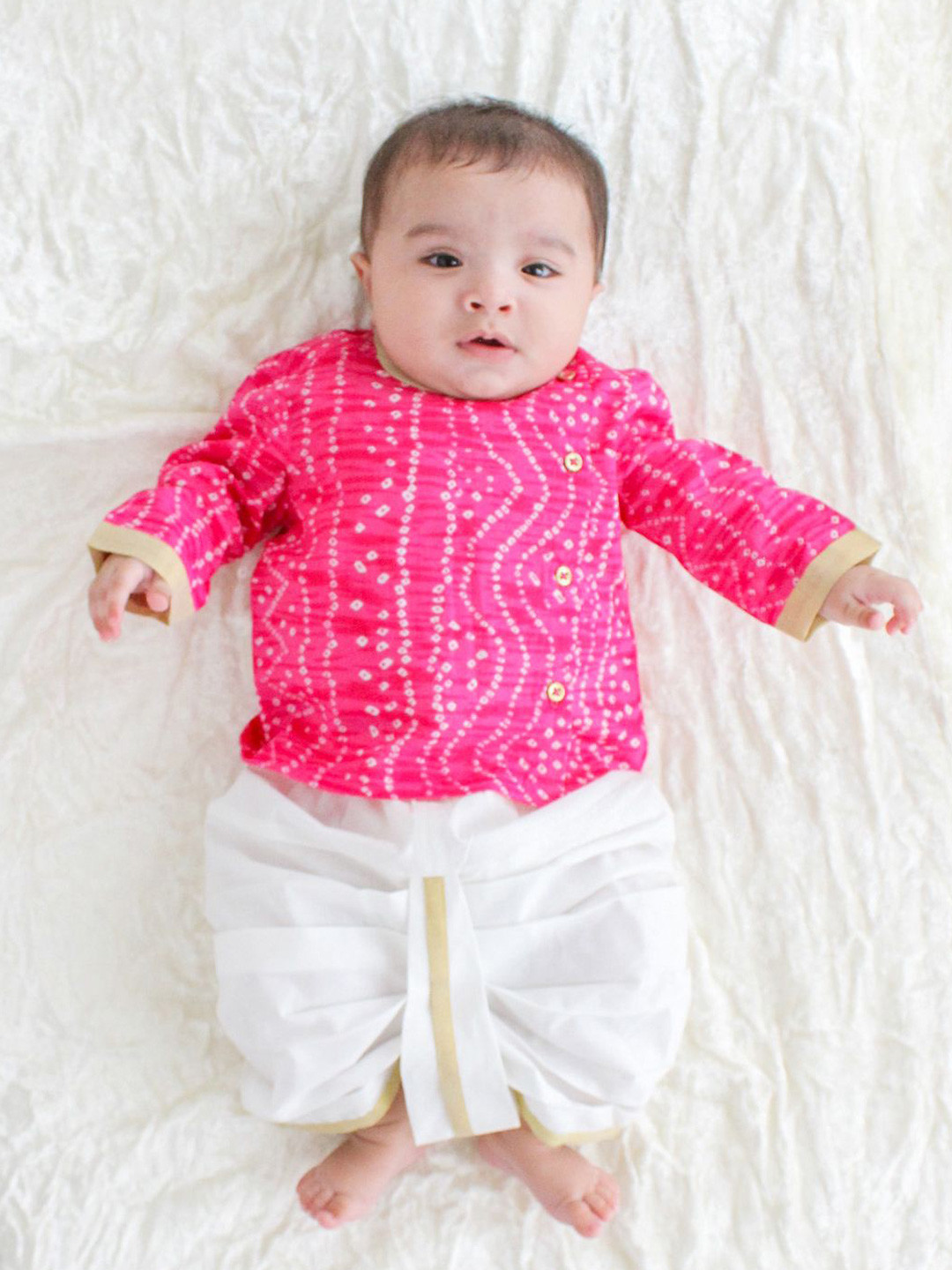 Tiber Taber Boys Bandhani Printed Pure Cotton Straight Kurta With Dhoti Pant