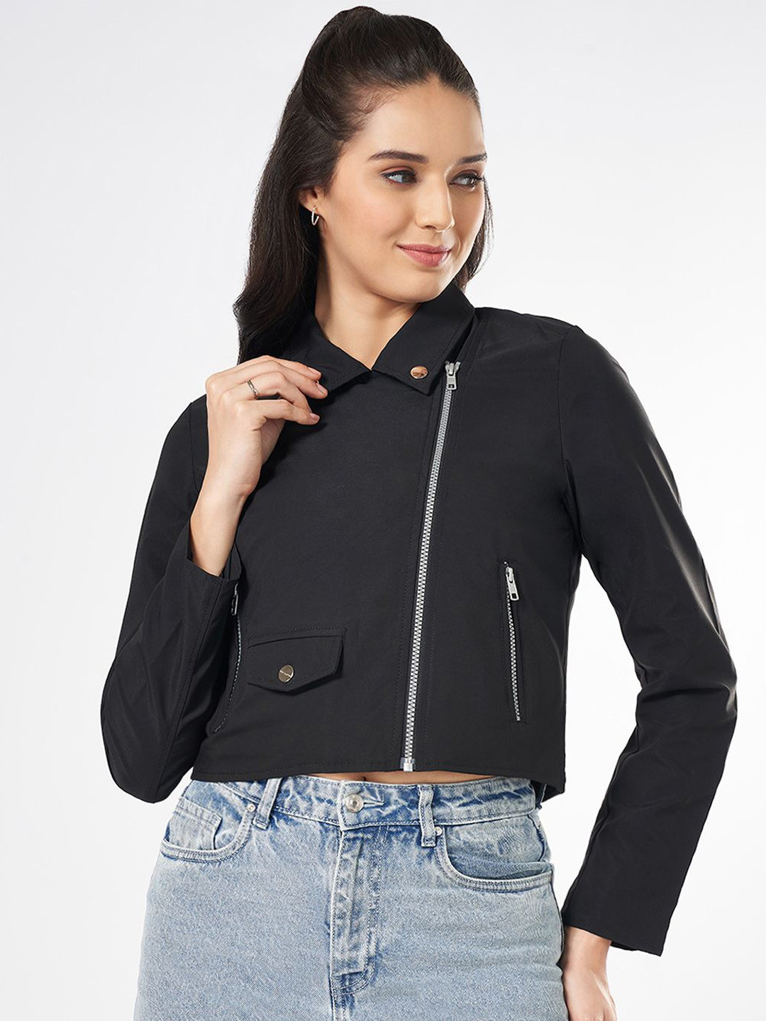 People Women Spread Collar Solid Casual Biker Jacket