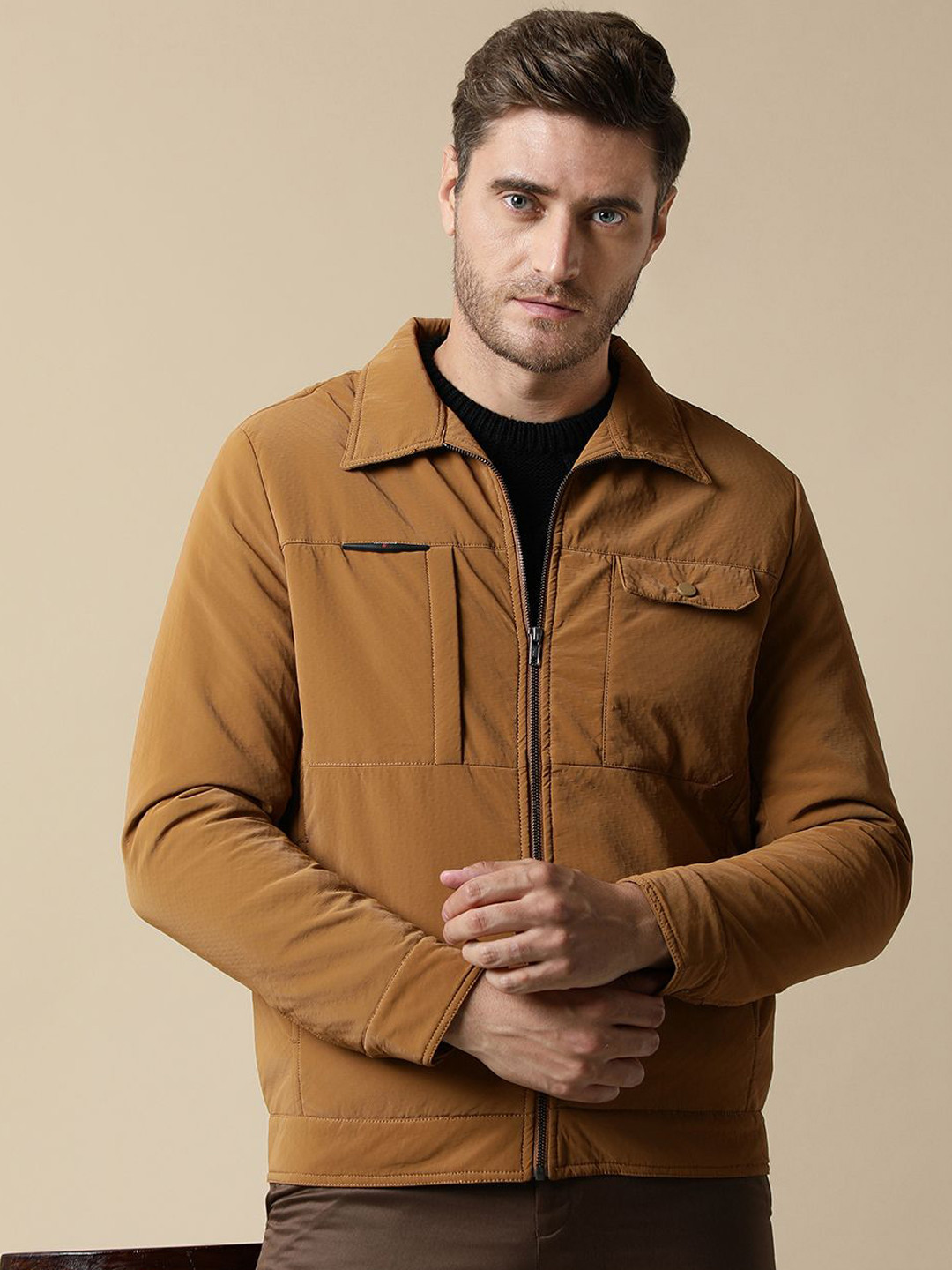 Fort Collins Men Spread Collar Solid Casual Biker Jacket