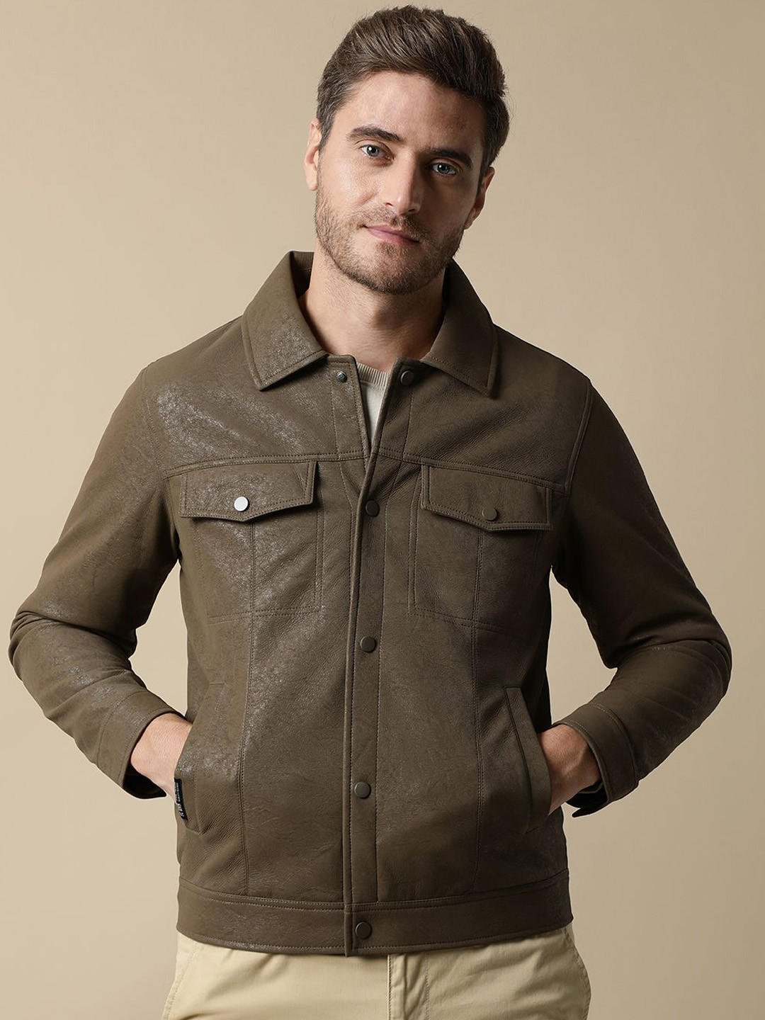 Fort Collins Men Spread Collar Abstract Printed Casual Biker Jacket