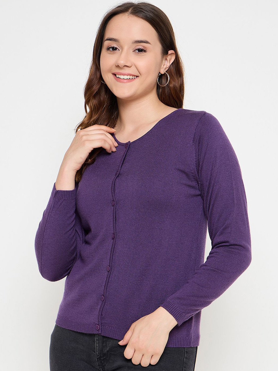 CREATIVE LINE Women Round Neck Long Sleeves Woollen Cardigan