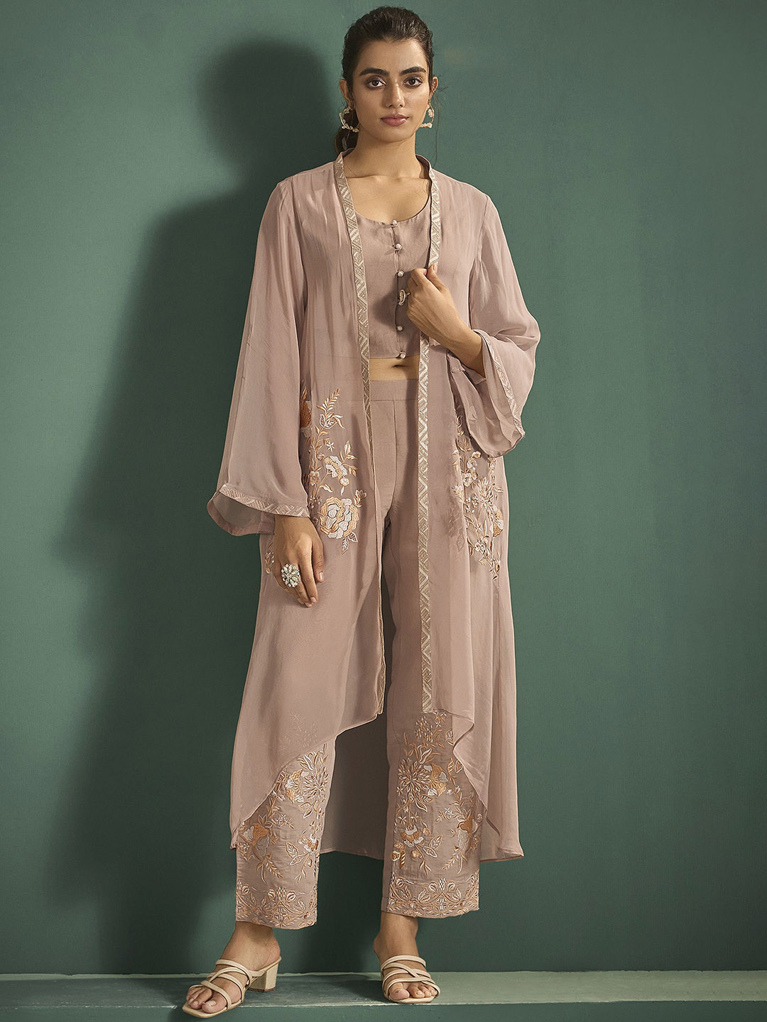 Anouk Beige and White Top & Trouser With Shrug