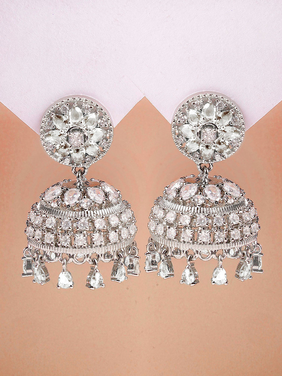 KARATCART Silver Plated American Diamond Dome Shaped Jhumkas