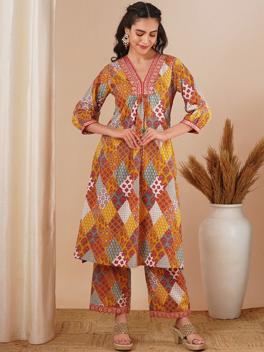 FASHOR Mustard Yellow V-Neck Ethnic Motifs Printed Cotton A-Line Tunic & Trouser