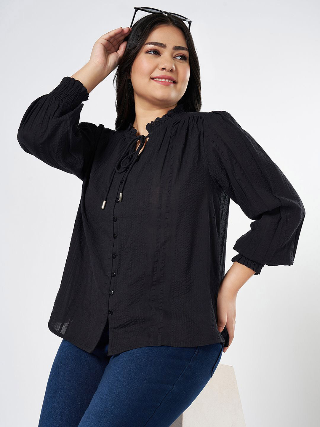 Honey Curvytude by Pantaloons Women Self Design Tie-Up Neck Cotton Top