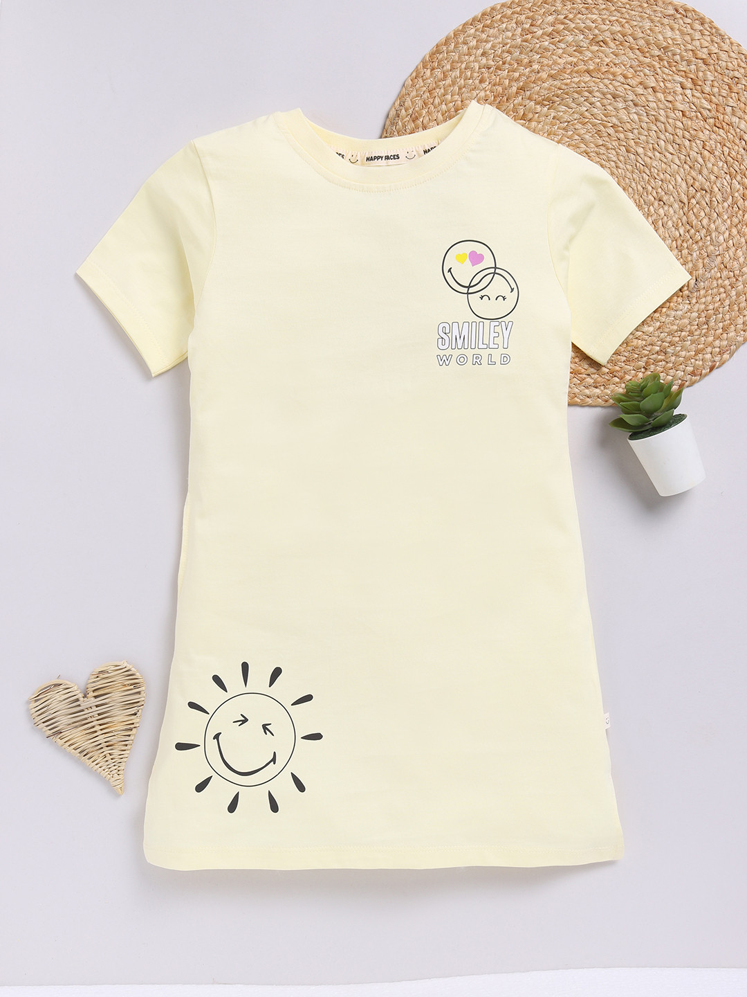 Happy Faces Girls Conversational Printed Pure Cotton Longline T-shirt