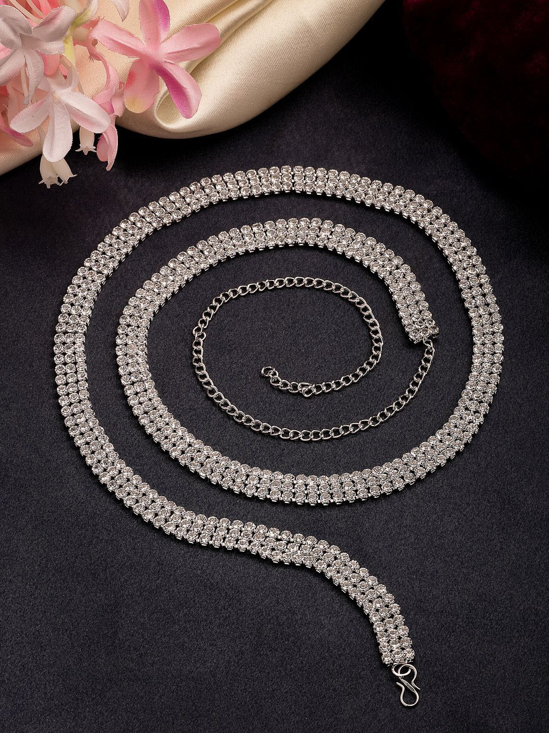 NVR Silver-Plated Cubic Zirconia Studded Waist Chain Saree Accessories