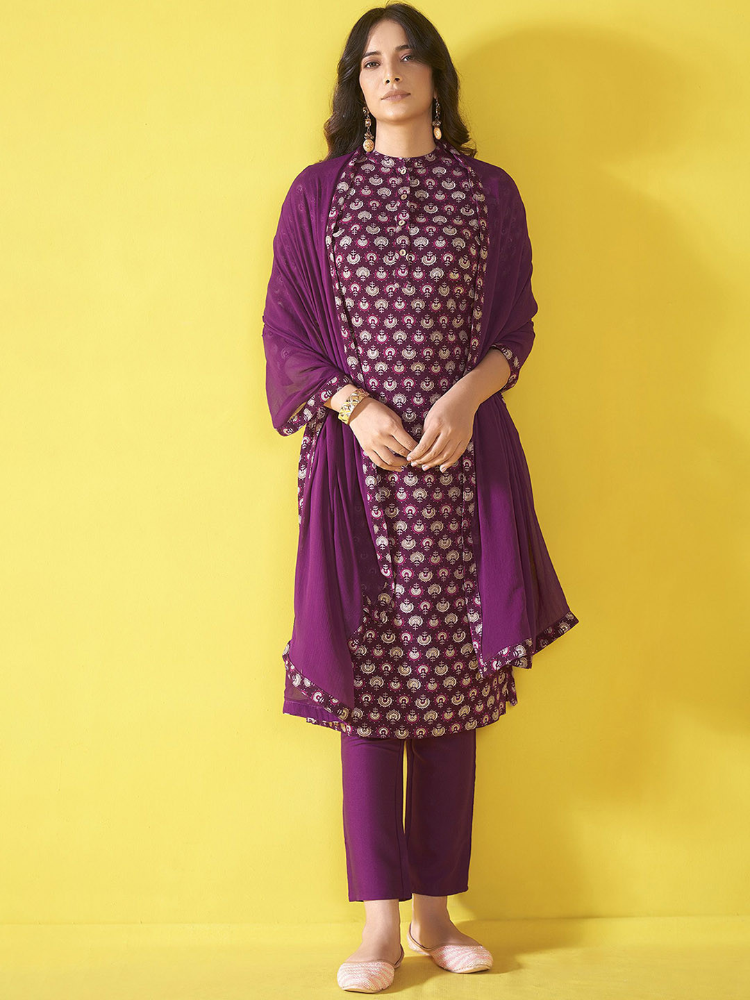 Anouk Violet Ethnic Motifs Printed Mandarin Collar Straight Kurta With Trouser &Dupatta
