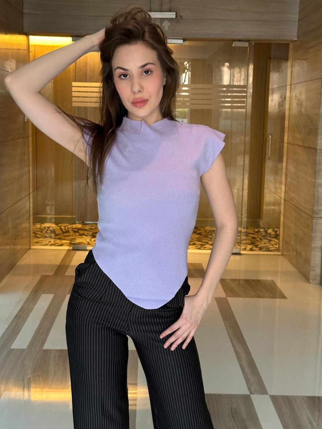 StyleAsh Women Woolen Turtle Neck Short Sleeves Solid Knitted Top