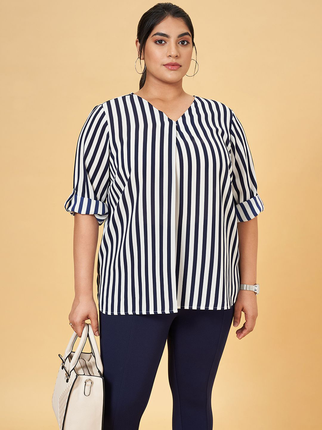 Honey Curvytude by Pantaloons Striped Roll-Up Sleeves Plus Size Top