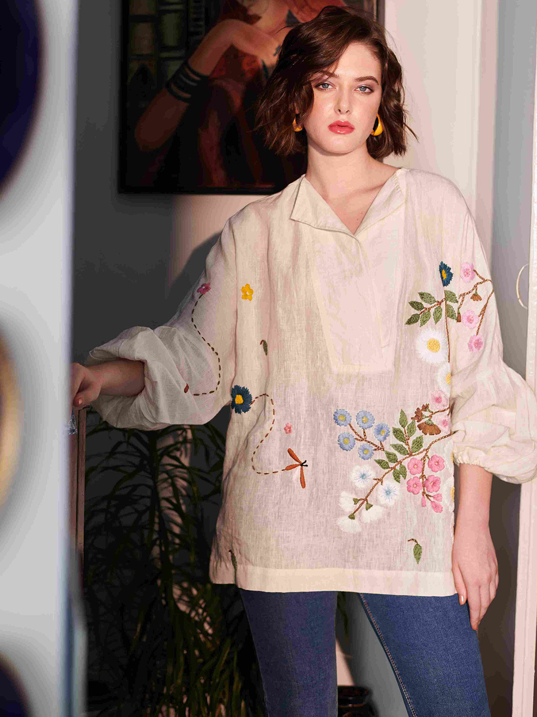 Nika1.0 Women Floral Embroidered Pure Cotton Tops
